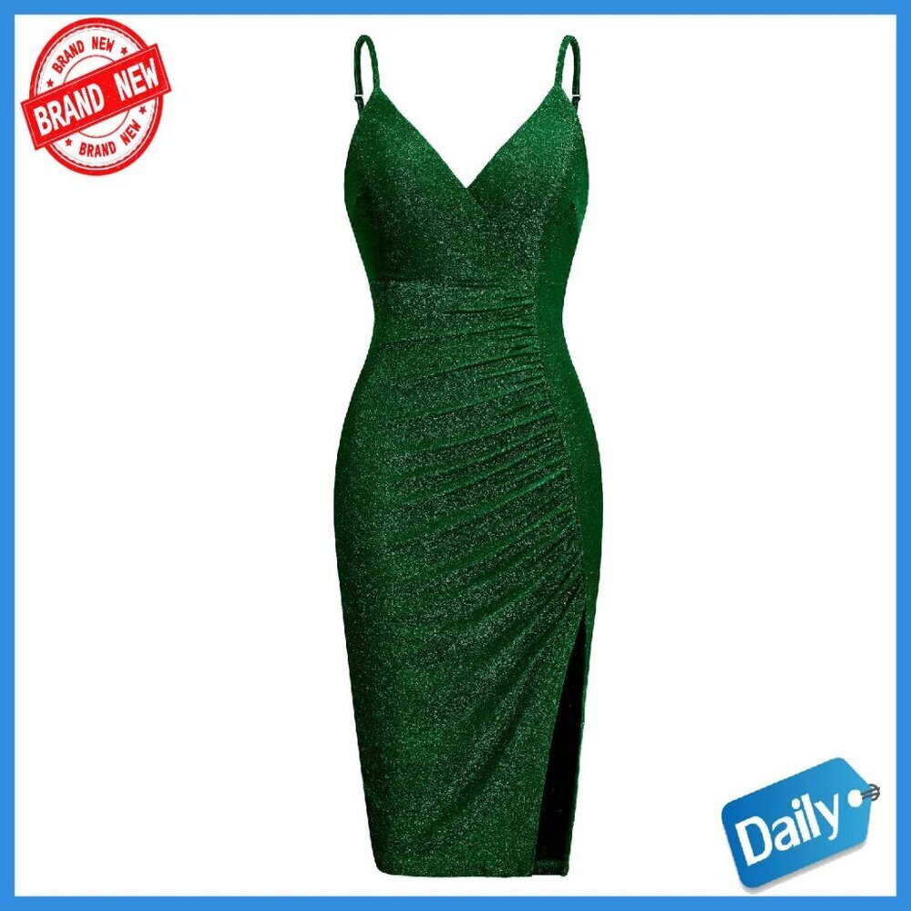 Sparkle Bodycon Midi Dress V-Neck Spaghetti Straps Ruched Slit